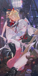  2girls absurdres ahoge alternate_costume armpit_crease bare_arms bare_shoulders black_boots black_choker black_shirt black_shorts blonde_hair boots breasts choker closed_mouth clothing_cutout collared_shirt crop_top detached_sleeves electric_guitar epic_seven guitar hair_ornament highres holding holding_plectrum hxxg instrument knee_boots laia_(epic_seven) large_breasts long_sleeves medium_breasts medium_hair midriff multiple_girls navel neck_ribbon neckerchief one_side_up open_mouth plectrum purple_eyes red_neckerchief ribbon second-party_source shirt short_shorts short_sleeves shorts single_detached_sleeve skirt sleeveless sleeveless_shirt smile stage_lights stomach tamarinne_(epic_seven) thighs underboob underboob_cutout uneven_eyes white_hair white_skirt yellow_eyes 