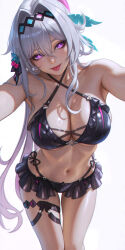  :p bare_shoulders bikini black_bikini black_bow black_skirt bow breasts cleavage collarbone commentary_request cowboy_shot criss-cross_halter female grey_hair hair_between_eyes hair_intakes hair_ornament hairband hairbow halterneck highres honkai_(series) honkai_impact_3rd large_breasts long_hair looking_at_viewer miniskirt navel official_alternate_costume purple_eyes showgirl_skirt skirt solo stomach swimsuit thelema_nutriscu thighs tongue tongue_out very_long_hair wo_jiushi_kanbudong 