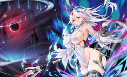  breasts covered_navel diamond_hair_ornament epic_seven female gloves highres holding jewelry leotard long_hair luna_(epic_seven) mad_kimo red_eyes solo white_hair 