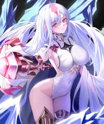  absurdres breasts epic_seven female forehead_jewel highres jinnnnnn23 leotard long_hair looking_at_viewer luna_(epic_seven) red_eyes solo thighhighs white_hair 