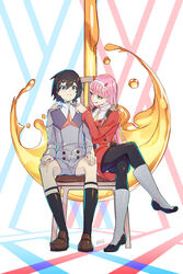  1boy black_legwear black_pantyhose black_socks boots brown_hair canata-k canata_katana darling_in_the_franxx dress female green_eyes hairband hiro_(darling_in_the_franxx) horns legs_crossed long_hair long_sleeves looking_at_another pantyhose pink_hair red_dress short_hair sitting socks uniform white_boots white_hair_ornament white_hairband zero_two_(darling_in_the_franxx) 