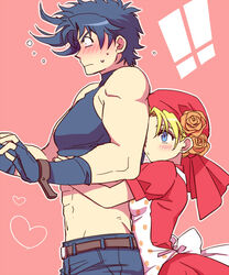  bandana black_hair blonde_hair blue_eyes blush commentary_request crop_top dress female fingerless_gloves gloves height_difference hug hug_from_behind itaru_souga jojo_no_kimyou_na_bouken joseph_joestar joseph_joestar_(young) midriff sleeveless sleeveless_turtleneck straight suzi_q turtleneck 