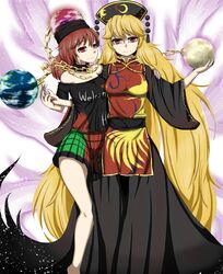  2girls absurdly_long_hair arm_behind_back barefoot behind_another big_hair black_dress black_shirt blonde_hair blood blood_splatter breasts chains chinese_clothes clothes_writing collar commentary_request dress earth_(ornament) energy epic_armageddon fox_tail frilled_skirt frills gold_chain half-closed_eyes hand_grab head_tilt hecatia_lapislazuli highres junko_(touhou) legs long_hair looking_at_viewer medium_breasts moon_(ornament) multiple_girls multiple_tails off-shoulder_shirt off_shoulder outstretched_arms plaid plaid_skirt red_eyes red_hair sash shirt skirt sky smile star_(sky) starry_sky tabard tail thighs touhou very_long_hair white_background 