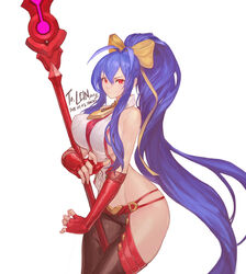  &gt;:) antenna_hair backless_outfit bad_id bad_pixiv_id bare_shoulders between_legs black_pants blazblue blazblue:_central_fiction blazblue_variable_heart blue_hair bow breasts commentary cowboy_shot english_commentary female fingerless_gloves gloves groin hair_between_eyes hairbow halterneck highres hip_focus hip_vent holding holding_polearm holding_weapon large_breasts long_hair looking_at_viewer lowleg lowleg_pants mai_natsume navel no_bra no_panties outseal pants polearm ponytail revealing_clothes sideboob sidelocks smile solo spear stomach tamidro thighs thumbs_up v-shaped_eyebrows very_long_hair weapon white_background yellow_bow 