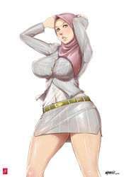  belt blush breasts commentary_request female formal green_eyes highres hijab hijabolic large_breasts miniskirt muslim office_lady original pencil_skirt pinstripe_pattern pinstripe_suit simple_background skirt skirt_suit solo striped suit white_background 