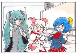  3girls blue_hair chuunibyou_demo_koi_ga_shitai! commentary_request crossover eyepatch fujiko_f_fujio_(style) green_hair hair_ornament hair_ribbon hatsune_miku headphones icho_private_high_school_uniform kaname_madoka kaname_madoka_(magical_girl) karaoke long_hair magical_girl mahou_shoujo_madoka_magica mahou_shoujo_madoka_magica_(anime) matsumoto_leiji_(style) medical_eyepatch multiple_girls one_side_up parody ponytail retro_artstyle ribbon school_uniform short_hair style_parody takanashi_rikka tanaka_keiichi tezuka_osamu_(style) twintails vocaloid white_hair 