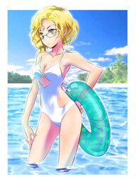  blonde_hair breasts casual casual_one-piece_swimsuit cleavage commentary contrapposto day earrings female glasses glynda_goodwitch green_eyes hair_bun hand_on_own_hip hand_on_own_thigh iesupa innertube jewelry looking_away mature_female medium_breasts o-ring o-ring_swimsuit one-piece_swimsuit outdoors rwby single_hair_bun solo standing swim_ring swimsuit wading water white_one-piece_swimsuit 