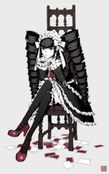  bad_id bad_pixiv_id black_hair black_nails black_thighhighs bonnet card celestia_ludenberg chair crossed_legs danganronpa:_trigger_happy_havoc danganronpa_(series) drill_hair earrings female full_body gothic_lolita grey_background head_on_hand headdress high_heels jewelry komiya_kuniharu lolita_fashion long_hair long_legs mary_janes nail_polish pumps red_eyes shoes simple_background sitting smile solo thighhighs twin_drills 