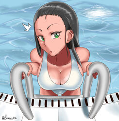  ^^^ bikini_tan blaccura black_hair breasts cleavage commentary_request downblouse eyebrows female forehead green_eyes highres large_breasts long_hair looking_at_viewer mole mole_under_eye one-piece_swimsuit original parted_lips pool pool_ladder poolside solo swimsuit tan tanlines twitter_username water wet white_one-piece_swimsuit 