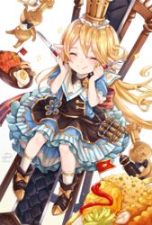  :t ^_^ artist_name blonde_hair blue_dress blush boots brown_footwear chair charlotta_(granblue_fantasy) closed_eyes closed_mouth cokecoco commentary_request crown dress egg_(food) female food fork fried_egg full_body granblue_fantasy hair_between_eyes harvin high_chair holding holding_fork holding_knife kneehighs knife long_hair mini_flag omelet omurice pointy_ears puffy_short_sleeves puffy_sleeves short_sleeves signature sitting smile socks solo sparkle twitter_username very_long_hair white_background white_socks 