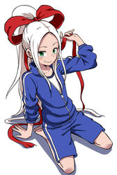  arm_support barefoot commentary_request female forehead fudatsuki_kyouko fudatsuki_no_kyouko-chan full_body green_eyes hair_ribbon jacket leaning_back long_hair looking_at_viewer ponytail ribbon seiza shorts simple_background sitting smile solo track_jacket track_suit white_background white_hair yamamoto_souichirou 