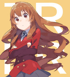  aisaka_taiga brown_eyes brown_hair commentary_request crossed_arms female long_hair oohashi_high_school_uniform photoshop_(medium) school_uniform solo toradora! yasu 