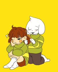  ambiguous_gender anthro asriel_dreemurr boss_monster_(undertale) bovid brush brushing brushing_hair caprine chara_(undertale) clothed clothing comb_(brush) duo footwear fur goat hair hairbrush holding_brush holding_comb holding_hairbrush holding_object human kemono kneeling legwear lolicon male mammal personal_grooming semi_(artist) social_grooming socks styling_hair tired undertale undertale_(series) white_body white_fur young young_ambiguous young_anthro young_human young_male 