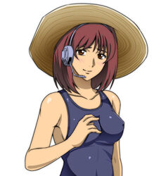  bare_shoulders blush breasts brown_eyes brown_hair erect_nipples female female gundam gundam_lost_war_chronicles hat headset looking_at_viewer mochi_mame noel_anderson one-piece_swimsuit one_piece_swimsuit simple_background smile solo swimsuit 