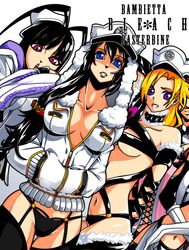  4girls androgynous antenna_hair bambietta_basterbine bangs black_hair black_legwear black_panties bleach bleach:_the_thousand-year_blood_war blonde_hair blue_eyes blunt_bangs breasts candice_catnipp character_name copyright_name dqn_(rokomoko0) garter_belt garter_straps giselle_gewelle grin hands_in_pockets hat highres jacket long_hair looking_at_viewer low-tied_long_hair multiple_girls navel open_mouth panties parted_lips peaked_cap purple_eyes quincy quincy_(bleach) red_eyes rule_63 shirtless smile trap underboob underwear unzipped white_hat 