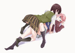  2girls absurdres aihara_academy_school_uniform all_fours black_legwear blazer blue_eyes blue_shirt blush brown_hair brown_jacket brown_skirt cardigan citrus_(saburouta) commentary fujisaki_ribbon full_body green_cardigan grey_skirt hair_between_eyes highres jacket kneehighs lying midriff miniskirt mizusawa_matsuri multiple_girls navel no_shoes on_back open_clothes open_jacket open_mouth pink_hair pleated_skirt school_uniform shirt short_hair simple_background skirt socks stomach taniguchi_harumi uniform white_background yuri 