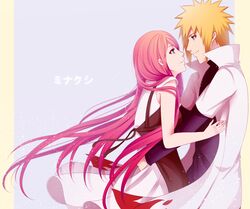  blonde_hair blue_eyes cape cloak dress embrace eye_contact female happy hug incipient_kiss long_hair looking_at_another namikaze_minato naruto pink_hair red_hair romance sei_(940925) simple_background smile spiked_hair spiky_hair text uzumaki_kushina very_long_hair white_background white_clothes 