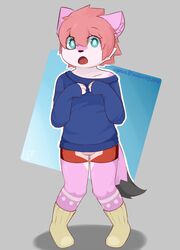  2018 absurd_res ambiguous_gender anthro black_body black_fur blue_eyes boxer_briefs clothing cynxie_(artist) domestic_cat felid feline felis footwear full-length_portrait fur hair hi_res legwear mammal naz_namaki_(cynxie) open_mouth pink_body pink_fur pink_hair portrait simple_background socks solo sweater topwear underwear young young_anthro 