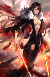  absurdres ahoge black_dress breasts brown_hair center_opening choker cloud collarbone commentary_request dress dual_wielding earrings english_commentary fate/grand_order fate_(series) female fur_trim highres holding holding_sword holding_weapon jewelry large_breasts long_hair looking_at_viewer mixed-language_commentary parted_lips photoshop_(medium) red_eyes sky solo standing strapless strapless_dress sword taak_choi very_long_hair weapon yu_mei-ren_(fate) 