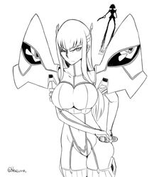  2girls blaccura breasts cleavage commentary_request greyscale highres hip_focus junketsu kill_la_kill kiryuuin_satsuki large_breasts long_hair matoi_ryuuko monochrome multiple_girls navel senketsu serious siblings sisters 