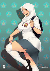  backpack bag blush bra bra_peek braces breasts brown_eyes button_gap chaerunisa commentary female highres hijab hijabolic holding_strap indonesian_high_school_uniform large_breasts looking_at_viewer mary_janes miniskirt mixed-language_commentary muslim open_mouth original over-kneehighs school_uniform shirt shoes skirt smile solo taut_clothes taut_shirt thighhighs thighs underwear white_thighhighs 