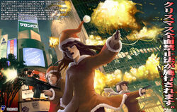  3girls action brown_hair building buttons christmas christmas_is_cancelled city coat commentary_request detonator earmuffs explosion firing gun handgun hat hiraoka_masamune holding holding_gun holding_weapon long_hair multiple_girls muzzle_device muzzle_flash night one_eye_closed original rifle santa_hat scarf skyscraper snowman terrorism weapon winter_clothes 