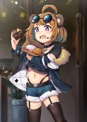  absurdres ahoge animal animal_ears bada_(jksh5056) bag bear_ears black-framed_eyewear black_cat black_choker black_shirt blue_jacket blue_shorts blurry blurry_background brown_hair brown_thighhighs choker commentary crop_top depth_of_field doughnut eyewear_on_head feline female food food_on_face girls&#039;_frontline glass_door grizzly_mkv_(girls&#039;_frontline) grizzly_mkv_(teddy_transform!)_(girls&#039;_frontline) hand_up highres holding holding_food hugging_object jacket kitten looking_away looking_down navel off_shoulder official_alternate_costume open_clothes open_jacket paper_bag plant potted_plant purple_eyes shirt shopping_bag short_hair short_shorts short_sleeves shorts solo sunglasses thighhighs 