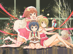  3girls :d aiura amaya_kanaka animal_costume antlers arm_rest bare_legs barefoot box branch christmas christmas_lights commentary_request elbow_rest fake_antlers gift gift_box hairband hat highres holding holding_gift horns hosoi_mieko indoors iwasawa_saki kneeling leaning_on_person light_particles lights looking_at_viewer multiple_girls night on_floor on_head open_mouth photoshop_(medium) reflection reindeer_antlers reindeer_costume sack santa_costume santa_hat sitting smile stuffed_animal stuffed_toy teddy_bear thighhighs uehara_ayuko wariza window 