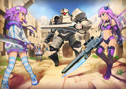  3girls battle brown_hair commentary_request d-pad d-pad_hair_ornament gun hair_ornament long_hair mecha multiple_girls nepgear neptune_(neptunia) neptune_(series) photoshop_(medium) purple_eyes purple_hair purple_sister ram_(neptunia) robot segamark short_hair staff striped_clothes striped_thighhighs sword thighhighs weapon 