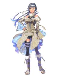  athena_(fire_emblem) bare_shoulders black_thighhighs blue_hair braid breasts brown_eyes commentary_request crown_braid detached_sleeves female fire_emblem fire_emblem:_mystery_of_the_emblem fire_emblem_heroes full_body fur_trim highres long_hair looking_at_viewer medium_breasts miyuu official_art shoes shorts solo standing sword thighhighs toeless_footwear transparent_background weapon 