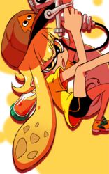  baseball_cap bike_shorts commentary_request female hat highres ink_tank_(splatoon) inkling inkling_girl inkling_player_character monster_girl orange_eyes orange_hair pointy_ears shirt shoes sneakers sonson_(eleven) splatoon_(series) splatoon_1 super_soaker t-shirt tentacle_hair 