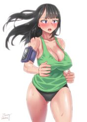  :o ass_visible_through_thighs black_hair blush breasts cleavage commentary_request dated female huge_breasts jogging long_hair mole mole_on_breast mole_on_thigh morimoto_chio open_mouth original pedometer purple_eyes simple_background solo sweat thighs white_background zheng 