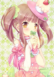  argyle_background arm_ribbon blush brown_eyes brown_hair clover commentary_request cupcake dress ech female food four-leaf_clover fruit happy_birthday hat idolmaster idolmaster_cinderella_girls ogata_chieri red_dress ribbon scrunchie solo strawberry sweet2_happy_(idolmaster) twintails upper_body 