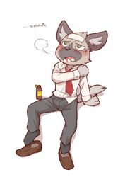  aggretsuko blush clothing cotton_(artist) fangs footwear green_eyes haida_(aggretsuko) hyena inner_ear_fluff japanese_text legwear mammal necktie sanrio simple_background socks solo spotted_hyena teeth text translated tuft 