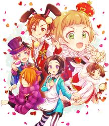  6+boys :d absurdres akariko akizuki_ryo alice_(alice_in_wonderland) alice_(alice_in_wonderland)_(cosplay) alice_in_wonderland animal_ears animal_hood apron black_hair blonde_hair blue_eyes brown_eyes brown_hair checkerboard_cookie cheshire_cat_(alice_in_wonderland) cheshire_cat_(alice_in_wonderland)_(cosplay) clock commentary_request cookie cosplay crown cup f-lags_(idolmaster) fake_animal_ears flower food green_eyes green_hair hair_over_one_eye hat heart highres himeno_kanon holding hood idolmaster idolmaster_side-m kabuto_daigo key licking_lips mad_hatter_(alice_in_wonderland) mad_hatter_(alice_in_wonderland)_(cosplay) male_focus march_hare_(alice_in_wonderland) march_hare_(alice_in_wonderland)_(cosplay) mini_crown mofumofuen_(idolmaster) multiple_boys okamura_nao open_mouth orange_eyes orange_hair parody pom_pom_(clothes) purple_eyes rabbit_ears rabbit_hood red_flower red_rose rose scarf smile tachibana_shiro_(idolmaster) teacup tongue tongue_out top_hat tsukumo_kazuki weapon white_rabbit_(alice_in_wonderland) white_rabbit_(alice_in_wonderland)_(cosplay) 