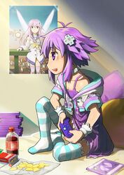  choker commentary_request controller d-pad d-pad_hair_ornament female game_controller hair_ornament highres nepgear neptune_(neptunia) neptune_(series) photoshop_(medium) poster_(object) purple_eyes purple_hair segamark snack striped_clothes striped_thighhighs thighhighs wings 