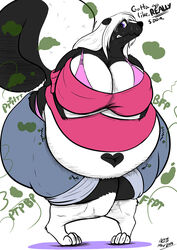  anthro ass belly belly_markings big_breasts big_butt bodily_noises bold_text breasts clothing english_text fart female heart_(marking) heart_on_body heart_symbol hi_res jessica_(coaster14) looking_back mammal markings mephitid midriff navel obese obese_anthro obese_female omorashi overweight overweight_anthro overweight_female riis rumbling_stomach skunk solo sound_effects text text_emphasis thick_thighs underline vowelless vowelless_sound_effect wide_hips worried 