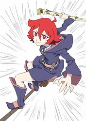  ahoge anime_coloring arai_hiroki bad_id bad_twitter_id belt boots broom broom_riding broom_surfing commentary_request emphasis_lines female full_body highres hood hood_down little_witch_academia red_eyes red_hair robe shiny_chariot shiny_rod_(little_witch_academia) short_hair solo standing white_background wide_sleeves witch 