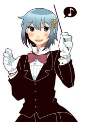  bad_id bad_pixiv_id blue_eyes blue_hair bow bowtie conductor conductor_baton crossdressing female fortissimo gloves hair_ornament hairclip ilhi mahou_shoujo_madoka_magica mahou_shoujo_madoka_magica_(anime) miki_sayaka musical_note musical_note_hair_ornament simple_background solo tuxedo white_background 