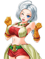  :d ahoge armlet blue_eyes blush breasts cleavage commentary_request dragon_quest dragon_quest_x earrings female gloves jewelry large_breasts looking_at_viewer midriff necklace one_eye_closed open_mouth red_shorts riin_(dq10) shimusu short_hair short_shorts shorts silver_hair smile solo white_background 