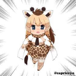  :d animal_ears animal_print artist_name bad_id bad_pixiv_id belt blonde_hair blue_eyes blush boots brown_hair capriccyo chibi emphasis_lines female full_body giraffe_ears giraffe_horns giraffe_print giraffe_tail horns japan_world_cup kemono_friends leg_up long_hair looking_at_viewer multicolored_clothes multicolored_hair multicolored_legwear open_mouth pantyhose reticulated_giraffe_(kemono_friends) running scarf skirt smile solo tail twitter_username v-shaped_eyebrows very_long_hair white_background 