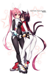  2girls :3 :d animal_ears armor ass bad_id bad_pixiv_id between_legs blue_eyes blush bodysuit boots breasts cat_ears cat_tail closed_mouth company_name copyright_name cropped_jacket eyelashes full_body hair_between_eyes hair_ornament heterochromia highres holding_hands large_breasts lean_picchner lens_flare long_hair long_sleeves looking_at_viewer mole mole_under_eye multiple_girls multiple_tails open_mouth original phantasy_star phantasy_star_online_2 pink_hair protagonist_(pso2) rabbit_ears red_eyes sega short_eyebrows smile standing star_(symbol) starry_background tail turtleneck twintails two_tails very_long_hair white_background yutazou 