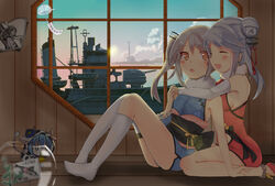  2girls absurdres architecture arm_support asymmetrical_legwear bare_legs blue_dress breasts closed_eyes cloud commentary_request doll dress east_asian_architecture elbow_gloves fishbowl floral_print fur_collar gloves green_sky grey_hair hair_bun hair_ornament hair_ribbon highres holding_hands indoors kaga_(warship_girls_r) kneehighs knees_up lattice looking_at_another medium_breasts multiple_girls ning_hai_(warship_girls_r) obi ocean on_floor open_mouth panties pantyshot ping_hai_(warship_girls_r) poster_(object) profile quincy_(warship_girls_r) red_dress ribbon sash ship siblings side_ponytail sideboob single_hair_bun single_kneehigh single_sock single_thighhigh sisters sitting sky sleeveless sleeveless_dress smile socks sun thighhighs thighs underwear uneven_legwear wariza warship_girls_r watercraft white_gloves white_legwear window wooden_floor wooden_wall yellow_eyes yesheng_yaomeng 