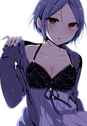  black_hair bra breasts cleavage commentary_request female hayami_kanade idolmaster idolmaster_cinderella_girls medium_breasts parted_bangs short_hair solo underwear wemu_(ivycrown) yellow_eyes 