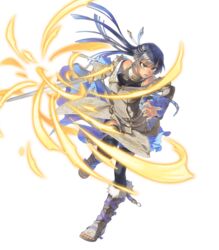  athena_(fire_emblem) bare_shoulders black_thighhighs blue_hair braid breasts brown_eyes commentary_request crown_braid detached_sleeves female fire_emblem fire_emblem:_mystery_of_the_emblem fire_emblem_heroes full_body fur_trim highres holding holding_sword holding_weapon leg_up long_hair medium_breasts miyuu official_art open_mouth shoes solo sword thighhighs toeless_footwear transparent_background weapon 