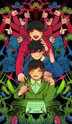  3boys black_hair blue_eyes blue_sclera brothers colored_sclera commentary_request extra_arms glowstick green_sclera highres hood hoodie limited_palette male_focus maro_bideru matsuno_choromatsu matsuno_karamatsu matsuno_osomatsu multiple_boys osomatsu-kun osomatsu-san osomatsu_(series) paper pen photoshop_(medium) pose red_eyes siblings skull sweat swept_bangs tongue tongue_out 