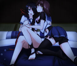  2girls bed black_hair blue_eyes bra brown_eyes brown_hair feet furutaka_(kantai_collection) hair_ornament hair_ribbon heterochromia kako_(kantai_collection) kantai_collection looking_at_viewer looking_back lu_(nh054021) md5_mismatch multiple_girls no_legwear open_mouth pantyhose pixiv_manga_sample pleated_skirt remodel_(kantai_collection) ribbon school_uniform serafuku short_hair simple_background skirt thighhighs toes torn_clothes torn_pantyhose torn_thighhighs underwear yellow_eyes yuri 