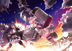  2girls bare_shoulders black_hair braid cloud commentary_request elbow_gloves gloves hairband headgear kantai_collection kazekawa_nagi kitakami_(kancolle) long_hair multiple_girls nagato_(kancolle) ocean red_eyes school_uniform serafuku skirt sky sunset thighhighs torpedo turret 