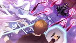  16:9 1boy 2girls arima_yousuke black_hair bow_(weapon) brown_hair game_cg hat kadone_makie ko~cha long_hair multiple_girls purple_hair shield short_hair weapon witch&#039;s_garden witch_hat yukimura_suzuno 