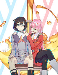  1boy black_legwear black_pantyhose black_socks boots brown_hair canata-k canata_katana darling_in_the_franxx dress female green_eyes hairband hiro_(darling_in_the_franxx) horns legs_crossed long_hair long_sleeves looking_at_another pantyhose pink_hair red_dress short_hair sitting socks uniform white_boots white_hair_ornament white_hairband zero_two_(darling_in_the_franxx) 